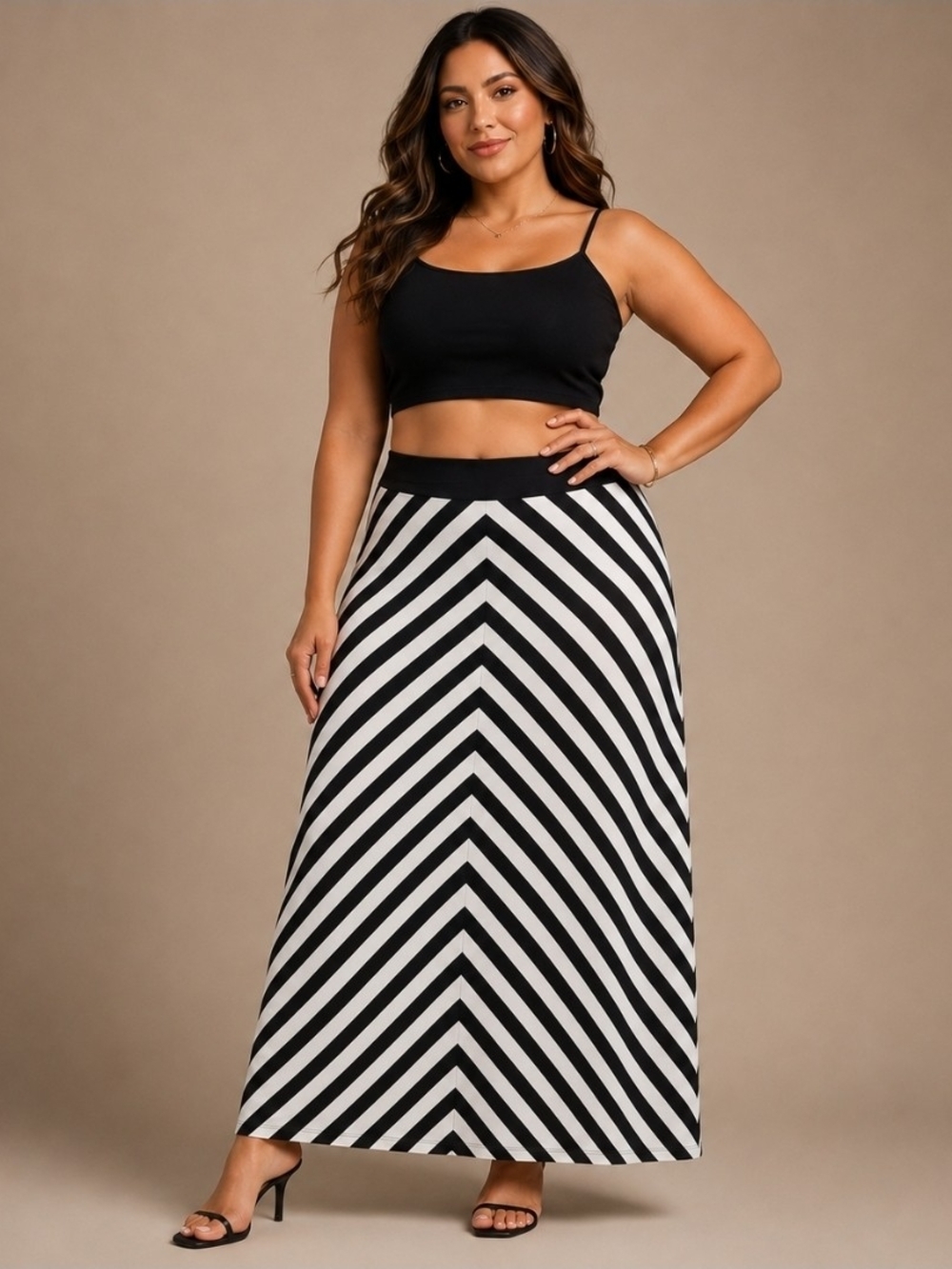 Faded Glory | Black & White Chevron Chic Maxi Skirt Fold-Over Waist | Size Large